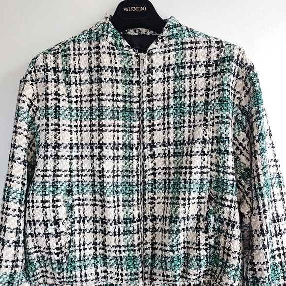 New Zara Plaid Textured Tweed Oversized Bomber Green Chanel Style Jacket NWT XS - Picture 13 of 17